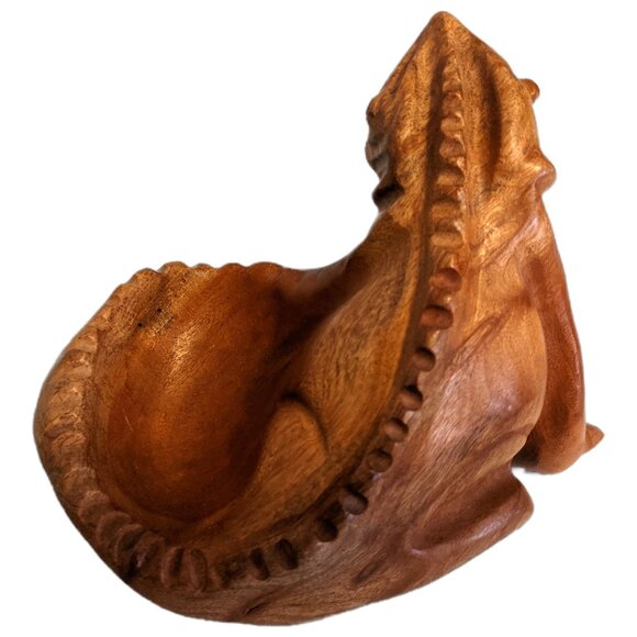 Vintage Hand Carved Wooden Iguana Trinket Dish Bowl Retro Decor Tropical - Picture 3 of 6